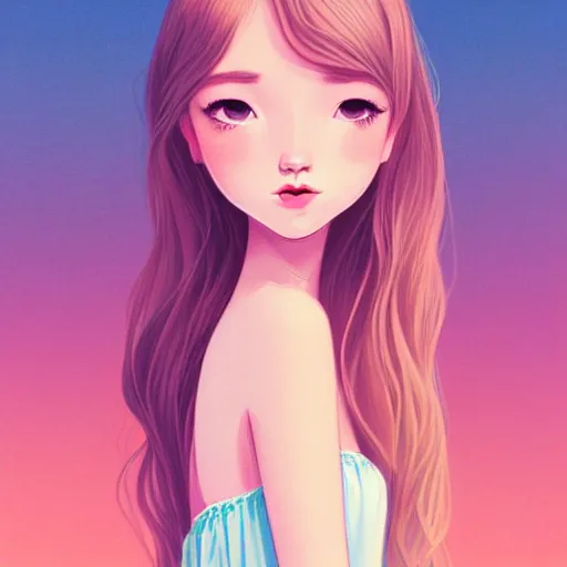 Image similar to happy adult female in sundress, summer dress, pastel light pink very long hair, muted colors, matte print, pastel colors, ornate, digital art, digital painting, fan art, elegant, artstation, head is centered, by Ilya Kuvshinov