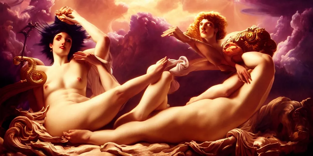 Prompt: Adonis playing the kithara for Aphrodite, by Rolf Armstrong and Evelyn De Morgan and Bastien Lecouffe-Deharme, dramatic lighting, high contrast colors, baroque, empyrean, panoramic view, as trending on Artstation, highly detailed, doom engine,