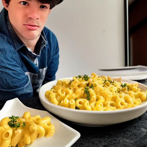 Prompt: mac and cheese retrospective portrait of a young dude 2 9 years old, with parsley