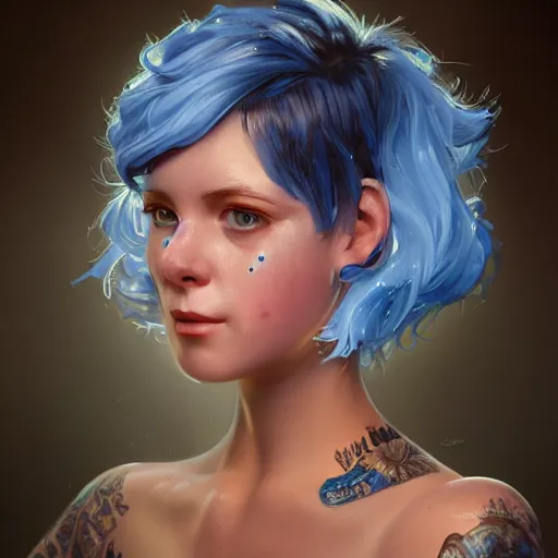 Image similar to an insanely detailed portrait of a smiling beautiful barmaid with short blue hair working at a rustic saloon, highly detailed features, sparkling blue eyes, long eyelashes, in the style of peter mohrbacher, artgerm, dramatic lighting and composition, octane render, trending on artstation, concept art 8 k