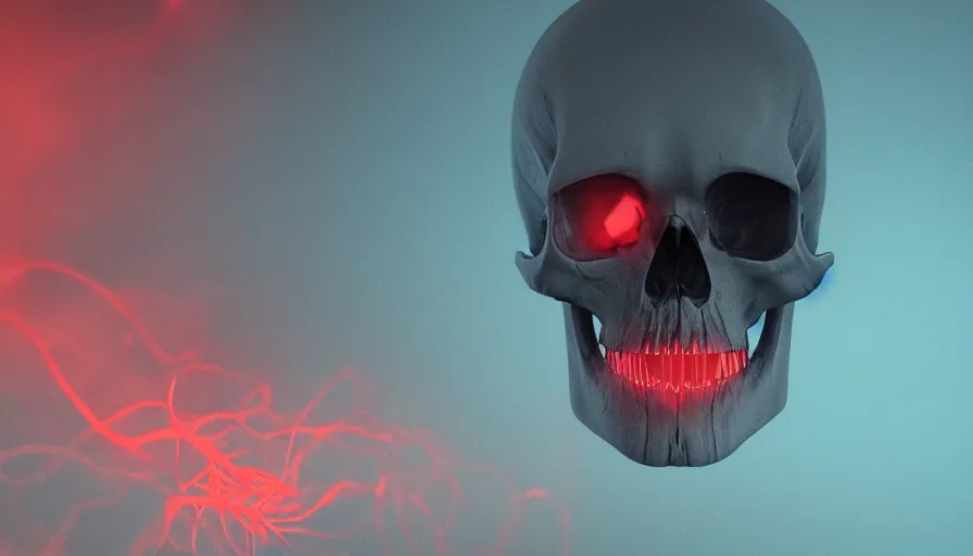 Image similar to Photorealistic Skull covered in thin red strings Surrounded by thick fog and clouds that glow from lights in the distance, volumetric lighting, haze, atmosphere, magical lighting, digital art, wallpaper, octane, redshift