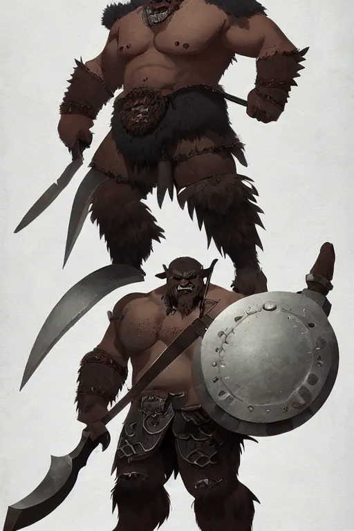 Image similar to orc barbarian wearing leather armor, full body shot, exquisite details, earth magic, mid view, design on a white background, by studio muti, greg rutkowski, makoto shinkai, takashi takeuchi, studio ghibli