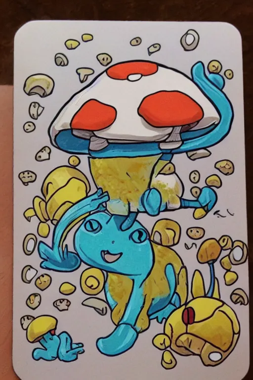 Image similar to mushroom cat creature, pokemon style, pokemon card