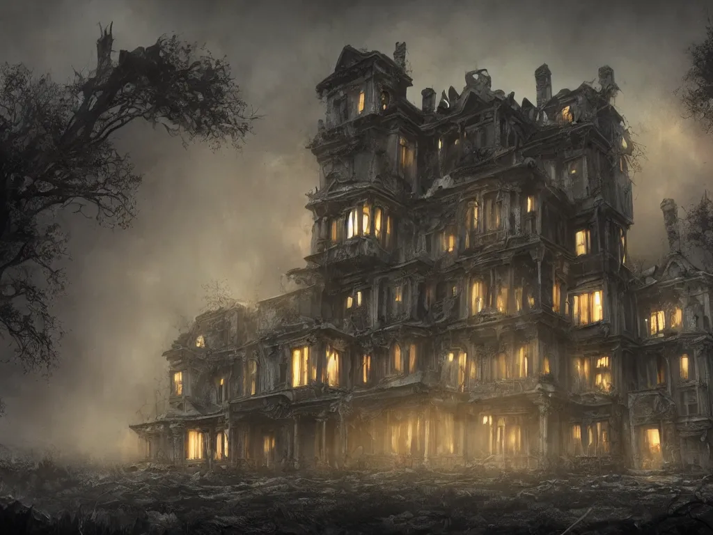 Prompt: a haunting matte painting of a disturbing dilapidated scary mansion with eerie glowing windows at the edge of world, concept art, illustration, trending on artstation,