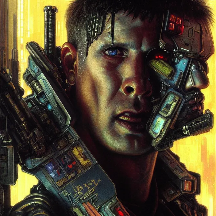 Prompt: excellent painted portrait of a replicant space marine from blade runner (1982), cyberpunk blade runner art, character artwork, 8k resolution artwork, trending on artstation, detailed oil painting portrait, art by artgerm and greg rutkowski and alphonse mucha and craig mullins and James Jean and Andrei Riabovitchev and Marc Simonetti and peter mohrbacher, matte painting