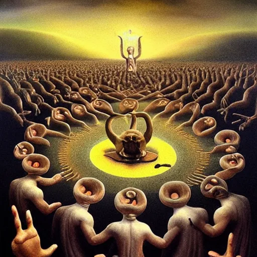 Prompt: a cult is huffing and singing mysterious notes in a circle, praying to kaleaga, a god - demon. award - winning digital artwork by salvador dali, bekzinski