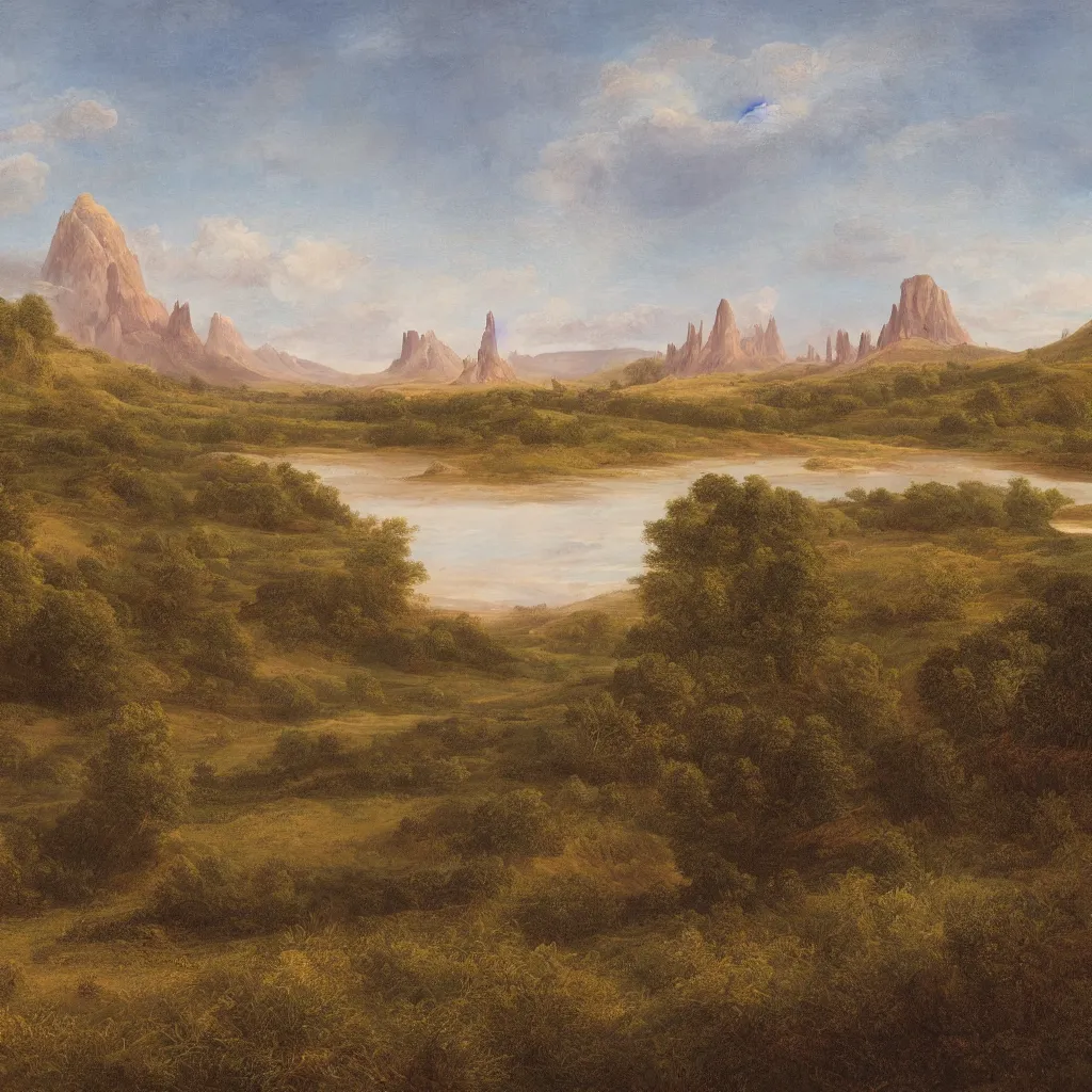 Prompt: a wide angle landscape of a prairie with a very large thin spire mountain in the distance and a wide river running in the middle in the style of rococo digital painting
