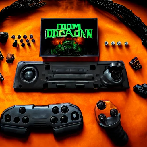 Prompt: product photo of an id Software Doom plug-and-play game controller