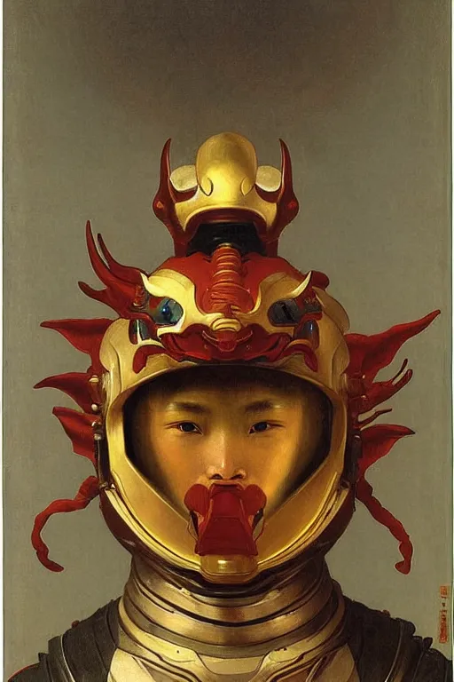 Image similar to portrait of a astronaut is a chinese dragon in armor and helmet, majestic, solemn, by bouguereau