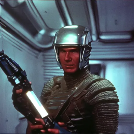 Image similar to movie still, 1 9 8 0 s, harrison ford as armored alien hunter, hyperdetailed, blue leds