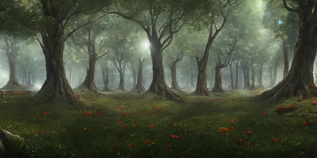 Prompt: A memorial grove of trees of various sizes dedicated to missing people, metal plaques, solemn, somber tone, flowers, game art matte painting hyperdetailed, artstation, cgsociety, 8k, surreal dream landscape