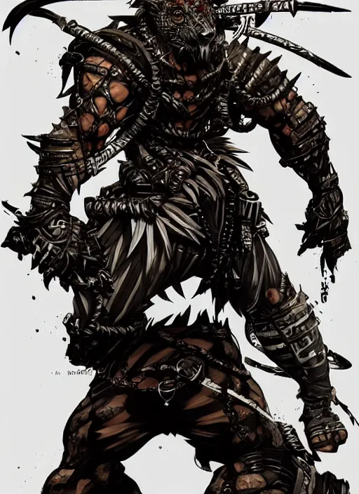 Image similar to Full body portrait of a scarred gnoll with ornate shinobi apparel. In style of Yoji Shinkawa and Hyung-tae Kim, trending on ArtStation, dark fantasy, great composition, concept art, highly detailed, dynamic pose.