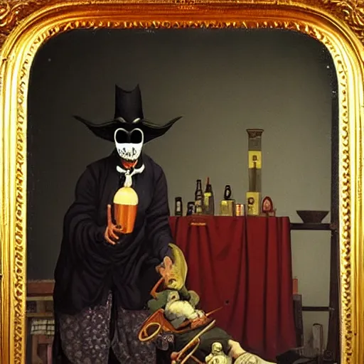 Prompt: hyper realistic painting of a handsome man symmetrical, sitting in a gilded throne, tubes coming out of the man's arm, getting a blood transfusion from a baby. plague doctor in the background. in the style of classicalism mixed with retro japanese book art. daguerreotype