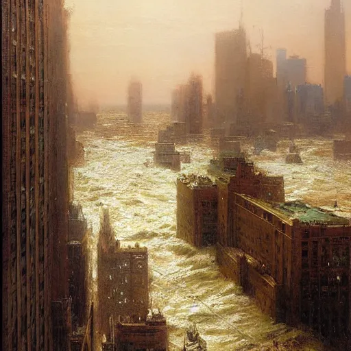 Prompt: the sea flooding the entire city of modern new york. you can see the water entering buildings highly detailed painting by gaston bussiere, craig mullins, j. c. leyendecker