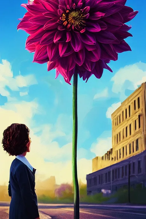 Image similar to closeup giant dahlia flower head, girl in a suit on a street, surreal photography, blue sky, sunrise, dramatic light, impressionist painting, digital painting, artstation, simon stalenhag