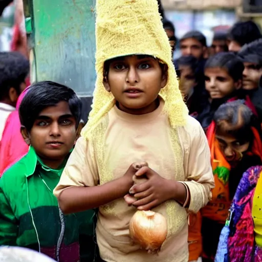 Image similar to indian boy dressed as an onion getting bullied