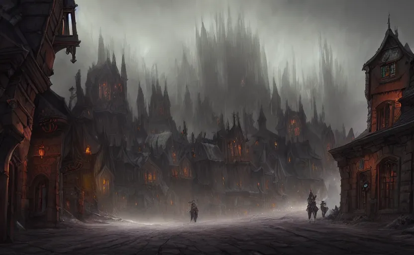Prompt: extreme long shot concept art depicted old english majestic town, dramatic mood, overcast mood, dark fantasy environment, art by legends of runeterra and league of legends and arcane, art by tony sart, trending on artstation, unreal engine