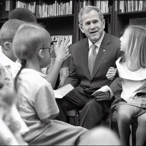 Prompt: “ george w bush reading to elementary school children with nothing bad happening whatsoever ”