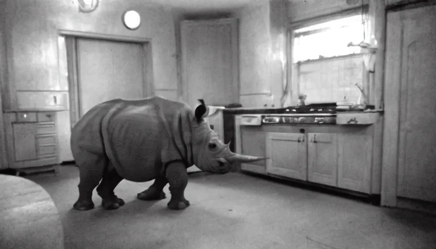 Image similar to a rhinoceros in a stalinist style kitchen, by mini dv camera, very very low quality, heavy grain, very blurry, accidental flash, webcam, caught on trail cam