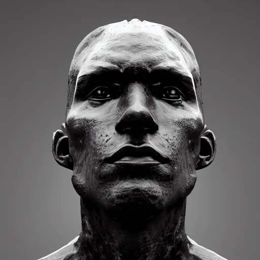 Image similar to a sculpture portrait of a man made of black iron. black background. gothic baroque. expressive eyes. symmetry. epic. ominous shapes. lighting from the bottom, sharp shadows. photoreal. trending on artstation