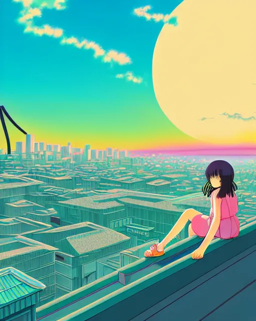 Image similar to detailed aesthetic vaporwave illustration of a girl sitting on the rooftop anime digital art award winning scenery cinematic scene sunset in japan by studio ghibli