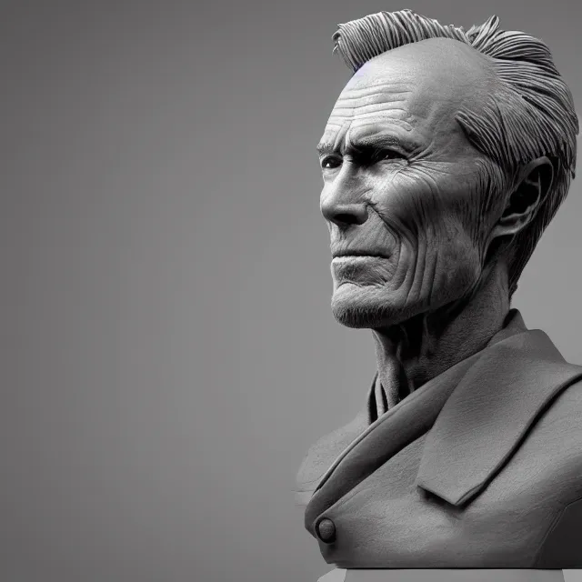 Prompt: photography of a bust of Clint Eastwood made of clay by Sebastian Kruger and Michelangelo, wrinkles, 50mm, studio atmosphere, 8K, rim light, octane render, ultra-realistic