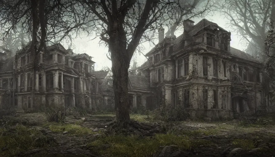 Image similar to abandoned manor in a dark wood, fps game view, hyperdetailed, artstation, cgsociety, 8 k