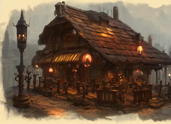 Prompt: A gnomish steampunk tavern, by Greg Rutkowski and James Gurney, trending on Artstation