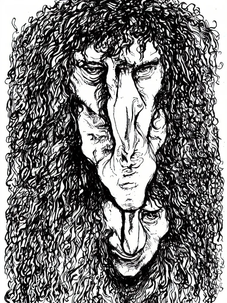 Prompt: face portrait of a shaman with a big nose and curly black hair, hand drawn illustration, ink and marker, by sergio toppi