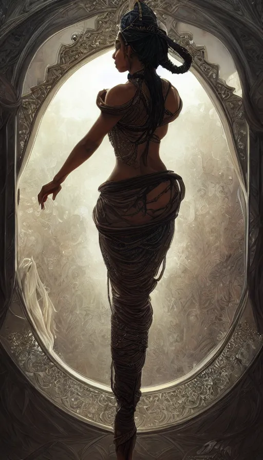 Prompt: dancer, arabian, black skin, veils, , sweaty, intricate fashion clothing, insane, intricate, highly detailed, digital painting, artstation, concept art, smooth, sharp focus, illustration, Unreal Engine 5, 8K, art by artgerm and greg rutkowski and alphonse mucha