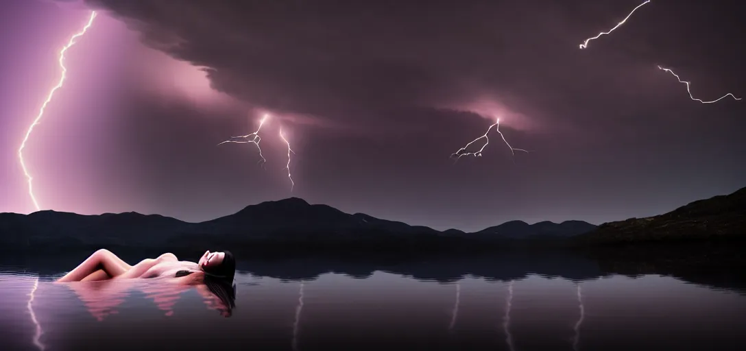 Image similar to medium closeup shot, flash photography of a woman floating in the lake, mountains, dark sky and night lightning, by ren hang, long exposure, octane render, unreal engine, high details