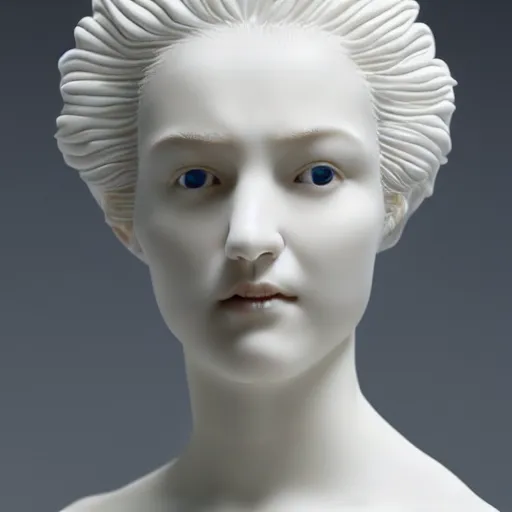 Image similar to full head and shoulders, beautiful female porcelain sculpture by daniel arsham and raoul marks, smooth, all white features on a white background, delicate facial features, white eyes, white lashes, detailed white, lots of real pastel blue hair in a winding geometric hairstyle on the head