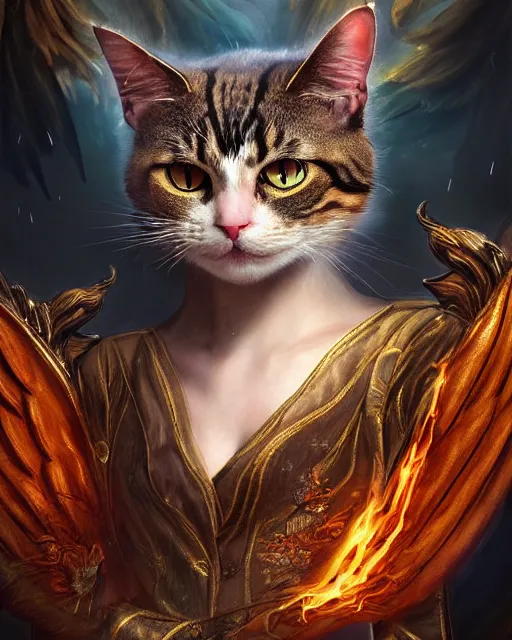 Prompt: amazing poster of detailed portrait digital rococo painting of a beautiful serious cat wearing fantasy clothing. the cat has black angel wings, evil mood, hellish battlefield in the background, unreal engine, embers flying, hyper realism, realistic shading, cinematic composition, blender render, octane render, ultrawide shot