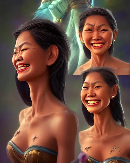 Image similar to laughing heavy - set filipina woman character portrait, by don bluth, sci - fi environment, highly detailed, dynamic shadows, 4 k, wallpaper - 1 0 2 4