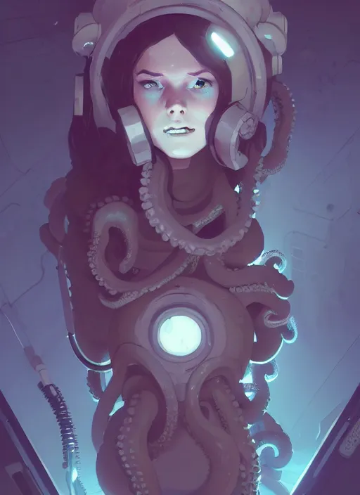 Image similar to portrait of cute octopus tentacle space girl, warhammer, cyberpunk by atey ghailan, by greg rutkowski, by greg tocchini, by james gilleard, by joe gb fenton, by in kaethe butcher, dynamic lighting, gradient light blue, brown, blonde cream and white color in scheme, grunge aesthetic, black background