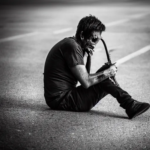 Image similar to 5 5 mm portrait photo of a zombie eating his own leg, 4 k photo, dramatic lighting, dslr, canon m 5 0, close up portrait