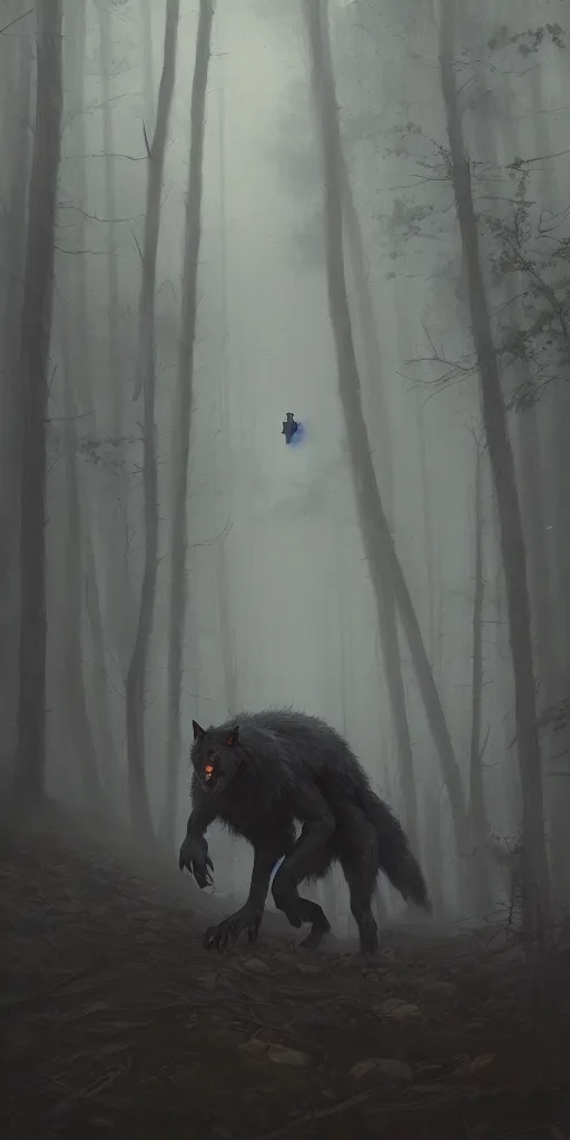 Image similar to a painting of a big werewolf in a foggy dense forest by greg rutkowski, dark fantasy art, high detail, trending on artstation