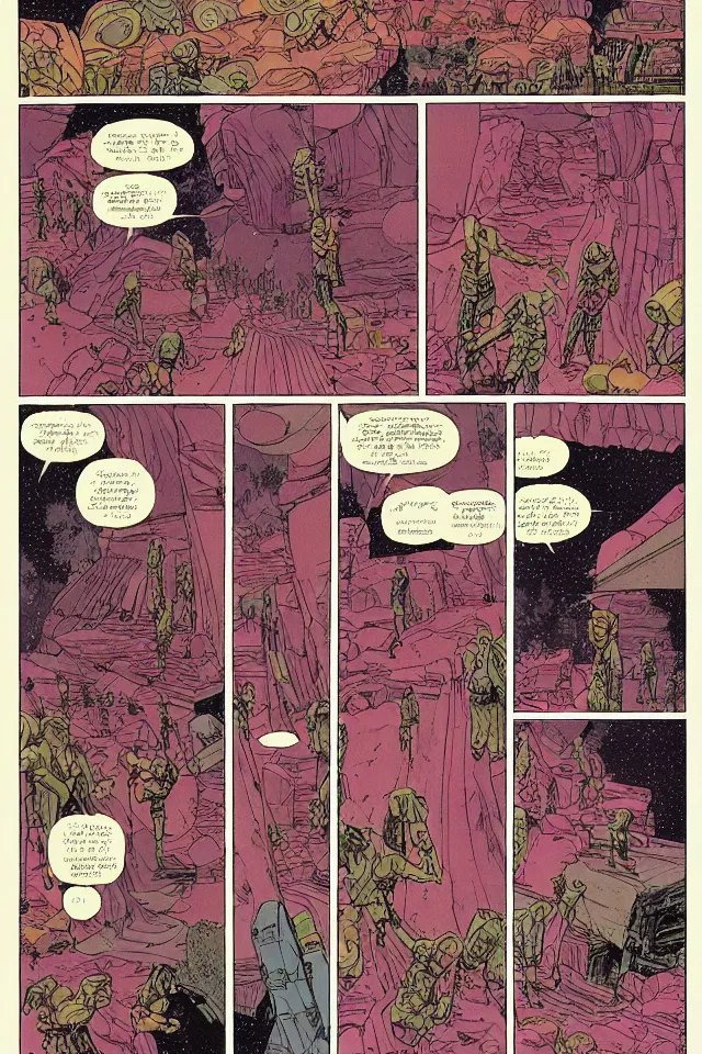 Image similar to colorfull comicpage with panels and speech balloons by Moebius showing themeaning of life