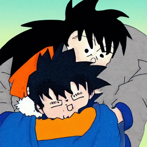 Prompt: bernie sanders hugging goku by studio ghibli