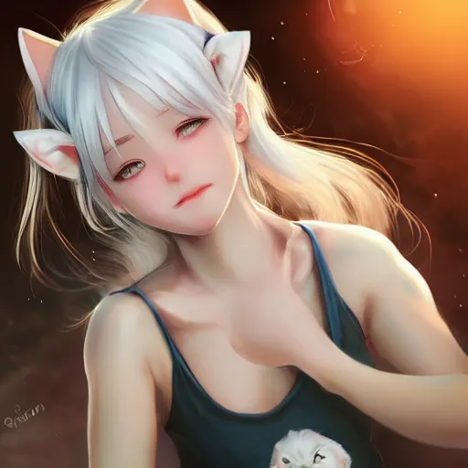 Prompt: realistic beautiful gorgeous natural cute young teenager girl white hair cute white cat ears in maid dress outfit golden eyes artwork drawn full HD 4K highest quality in artstyle by professional artists WLOP, Taejune Kim, Guweiz, ArtGerm on Artstation Pixiv