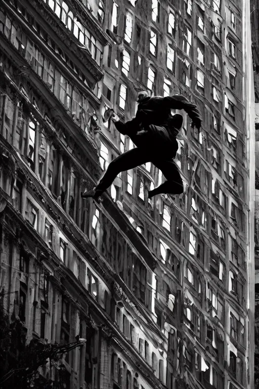 Prompt: !dream a man jumping from a building in New York, explosion