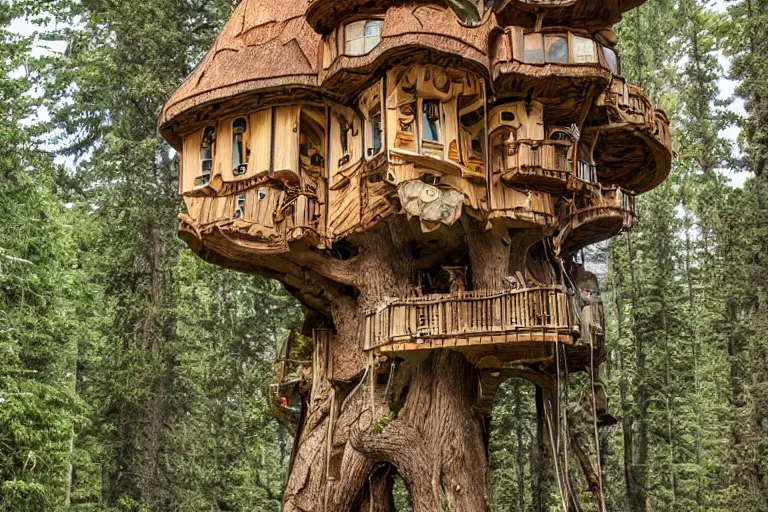 Image similar to an elaborate whimsical treehouse built on the top of a large canyon, hyperdetailed photograph