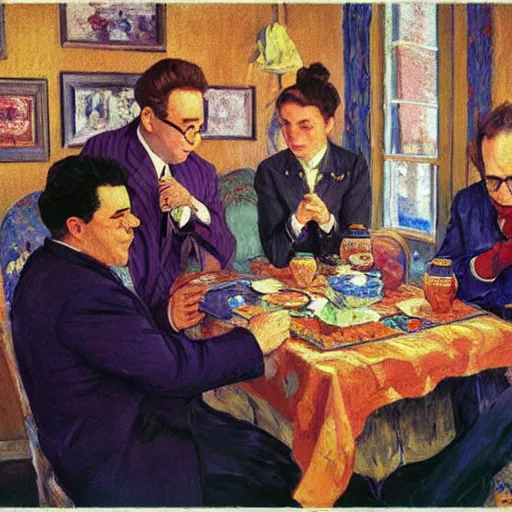 Prompt: seinfeld fancy tea party, george costanza, kramer, elaine, digital art, illustration, highly detailed, warm color scheme, soft lighting, sharp focus, gustave caillebotte, pyotr konchalovsky