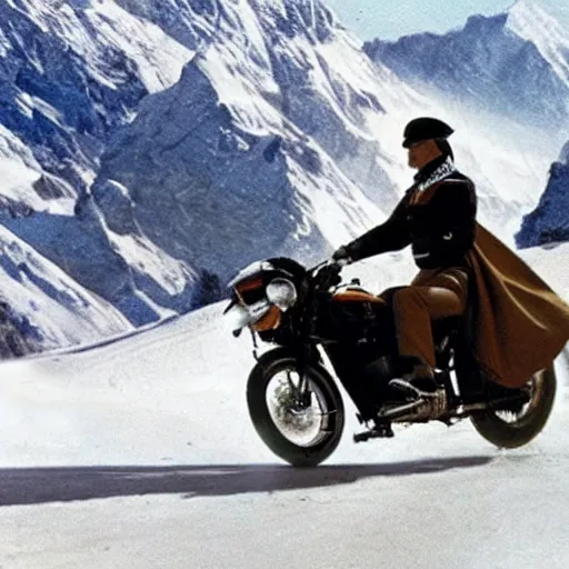 Prompt: napoleon crossing the alps on a harley davidson