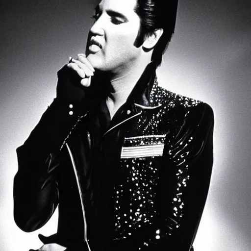 Image similar to elvis posing for a promotional still for his 1 9 8 8 comeback special part 2, 3 5 mm production still