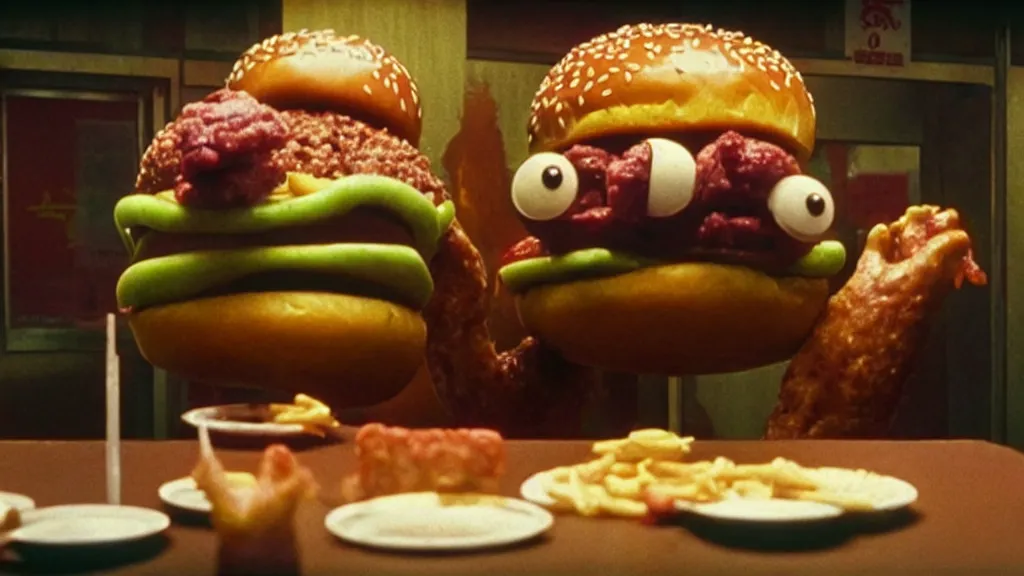 Image similar to the strange cheeseburger creature at the fast food place, film still from the movie directed by denis villeneuve and david cronenberg with art direction by salvador dali and zdzisław beksinski, wide lens