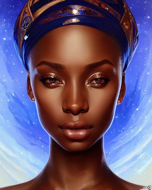 Image similar to Portrait of very very very very very very beautiful african woman, spacesuit, blue eyes, intricate, elegant, highly detailed, digital painting, artstation, concept art, smooth, sharp focus, illustration, art by artgerm and greg rutkowski and alphonse mucha