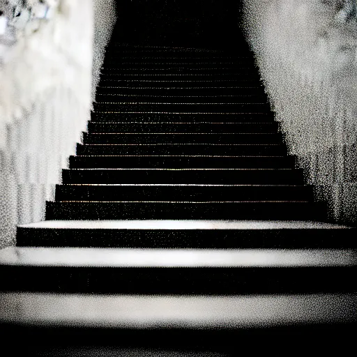 Image similar to black and white surreal photograph, highly detailed vast space made of stairsteps, sideview, detailed textures, natural light, mist, architecture photography, film grain, soft vignette, sigma 1 4 mm f / 1. 4 1 / 1 0 sec shutter, imax 7 0 mm footage