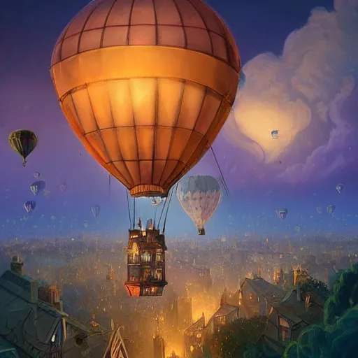 Prompt: a beautiful stunning fantasy whimsical matte digital illustration of a hot - air balloon race over a city at night by marc simonetti, pastel color palette, disney steampunk, chiaroscuro magical bokeh moon stars, trending on artstation hq, masterpiece