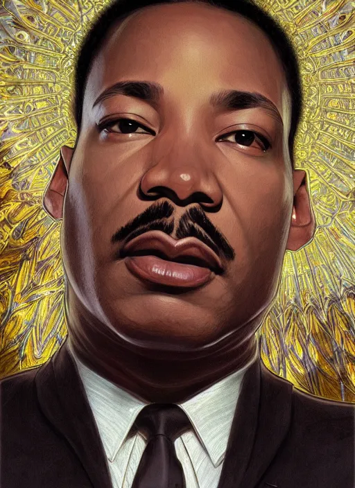 Image similar to Martin Luther King Jr handsome, intricate, elegant, highly detailed, centered, digital painting, artstation, concept art, smooth, sharp focus, illustration, art by artgerm and donato giancola and alphonse mucha